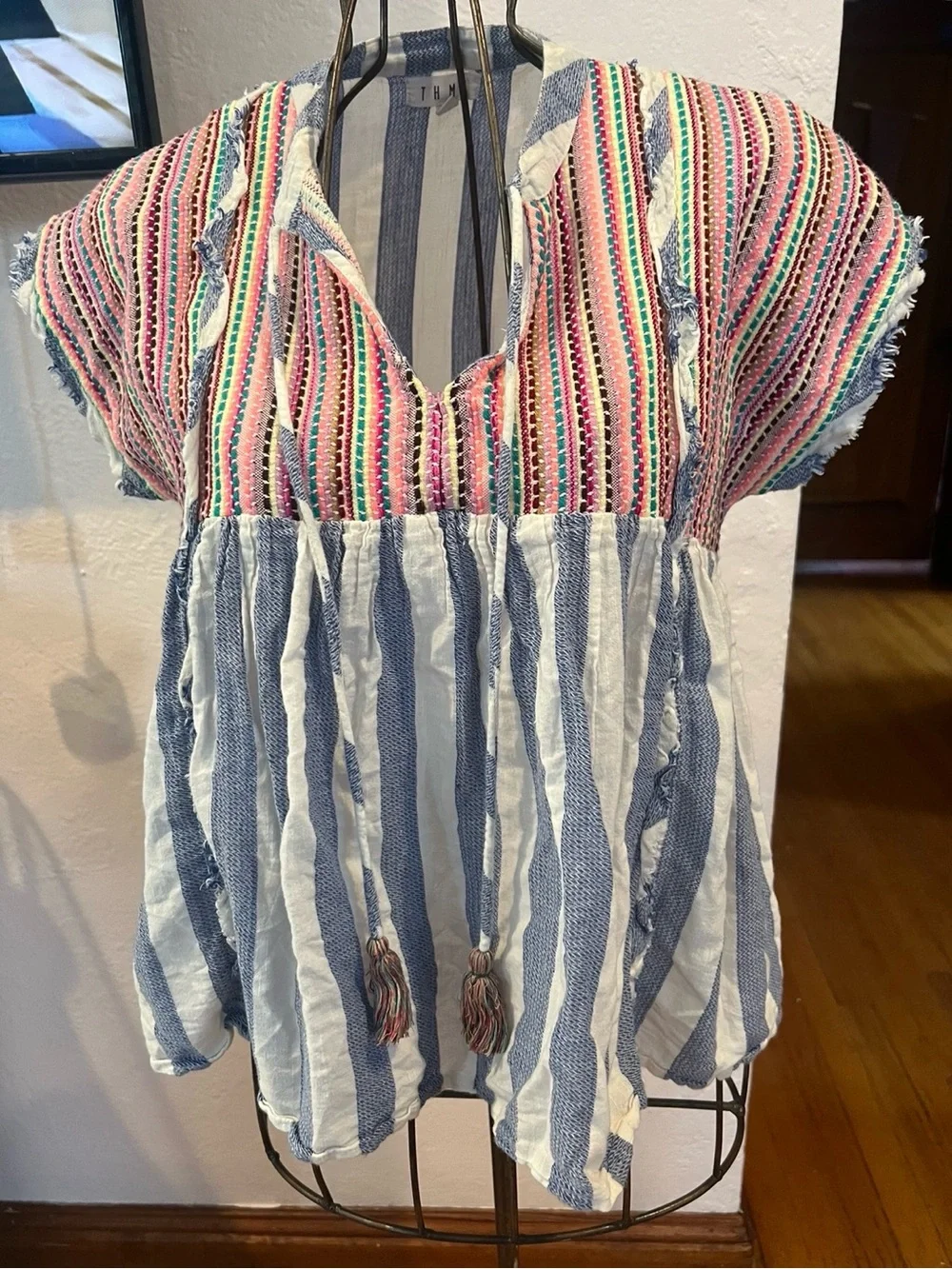 THML Boho Stripe Embroidered Women’s Peasant Top - Multicolor
